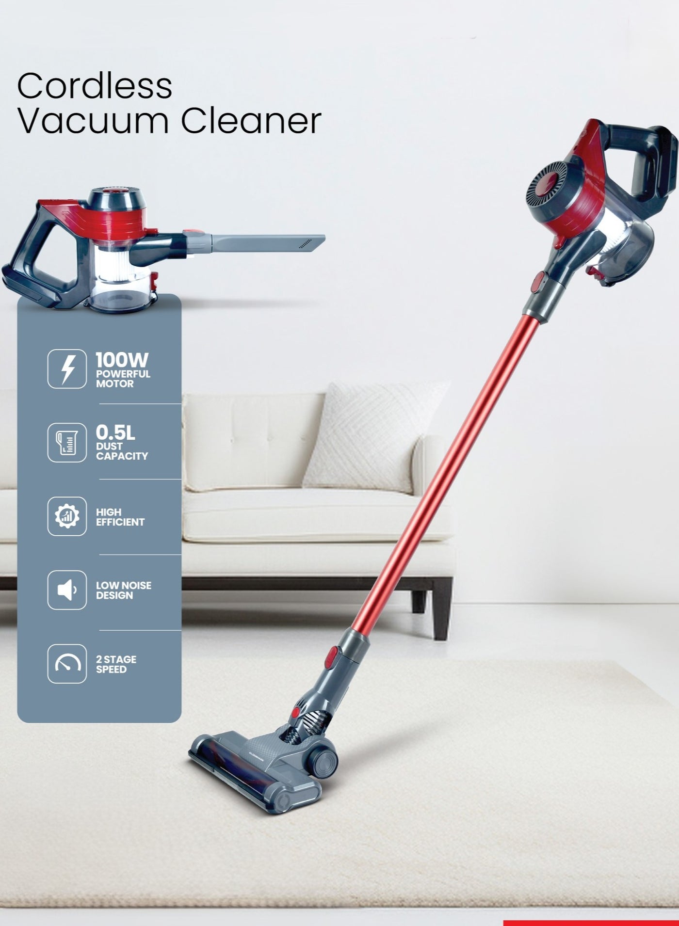 Olsenmark 100W Handheld Stick Vacuum Cleaner OMVC1900, 0.5 L Dust Bag Capacity, Cordless, Easy to Use and Handy Model, Multi-Cyclone Filtration System, 2 Years Warranty 0.5 L 100 W OMVC1900 RED and silver