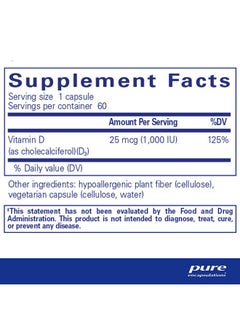 بيور إنكابسيليشن Pure Encapsulations Vitamin D3 25 mcg (1,000 IU) - مكمل غذائي لدعم صحة العظام والمفاصل والثدي والقلب والقولون والجهاز المناعي - مع فيتامين د الممتاز - 60 كبسولة  - Image 2