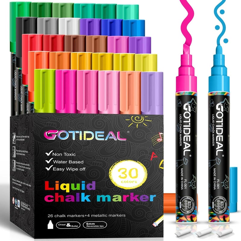 GOTIDEAL Chalk Markers, 30 Colors Liquid Chalk Markers for Blackboard Chalkboard Calendar Glass Neon Pens, Washable Window markers Paint and Drawing for Car, Auto, Bistro,Mirror Wet Erase Chisel Tip - Image 1
