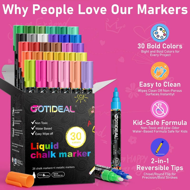 GOTIDEAL Chalk Markers, 30 Colors Liquid Chalk Markers for Blackboard Chalkboard Calendar Glass Neon Pens, Washable Window markers Paint and Drawing for Car, Auto, Bistro,Mirror Wet Erase Chisel Tip - Image 2