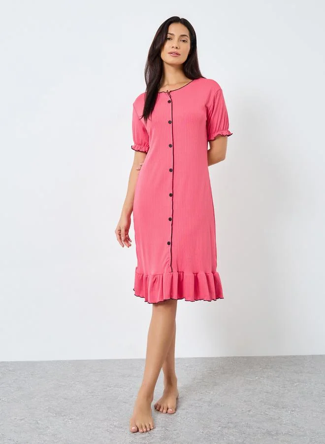 Take Two Take Two Dark Pink Ruffled Short Sleeve Nightdress