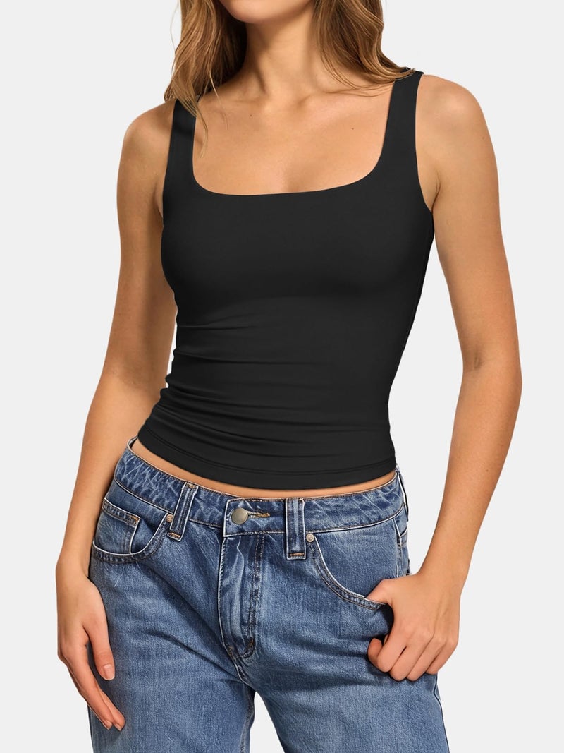 ATHMILE Women Black Top Double Lined Tank Tops Casual Basic Shirts Sleeveless Workout Tops Going Out Clothes - Image 2