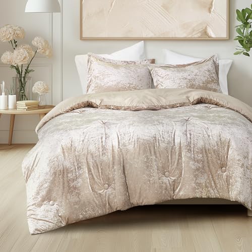 Comfort Spaces Luxe Queen Comforter Set Velvet Comforters for Queen Size Bed, Microfiber Reverse, Juliette, All Season Velvet Bedding Queen Size, Fluffy Bed Set, Sham, Full/Queen, Champagne 3 Piece - Image 1