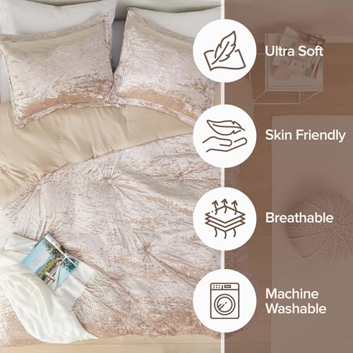 Comfort Spaces Luxe Queen Comforter Set Velvet Comforters for Queen Size Bed, Microfiber Reverse, Juliette, All Season Velvet Bedding Queen Size, Fluffy Bed Set, Sham, Full/Queen, Champagne 3 Piece - Image 3