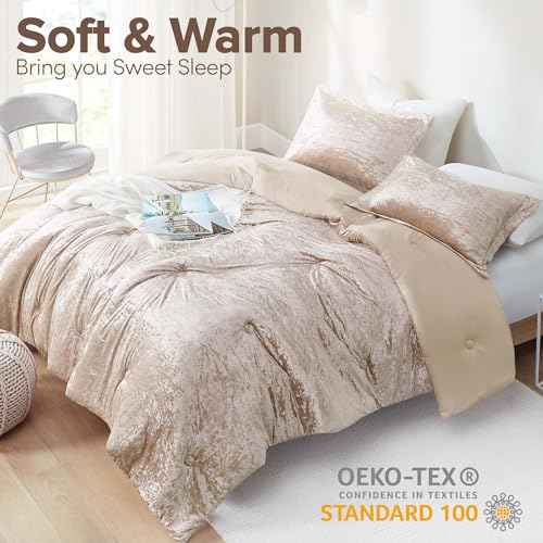 Comfort Spaces Luxe Queen Comforter Set Velvet Comforters for Queen Size Bed, Microfiber Reverse, Juliette, All Season Velvet Bedding Queen Size, Fluffy Bed Set, Sham, Full/Queen, Champagne 3 Piece - Image 2