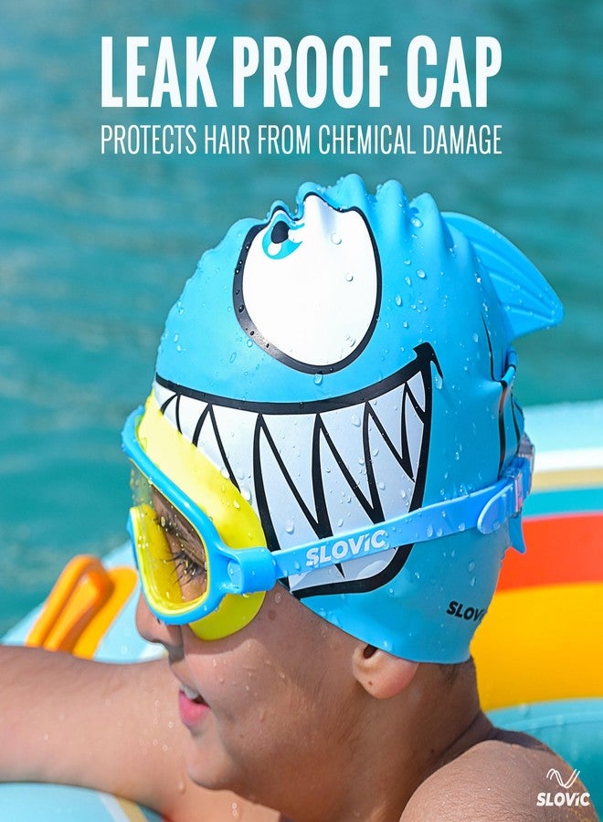 SLOVIC Swimming Cap for Kids [Shark] | Swimming Cap for Girls & Boys | Swimming Pool Caps for Kids | No Hair Pulling & Chlorine Resistant | Free Size Swimming Caps for Kids - Image 2