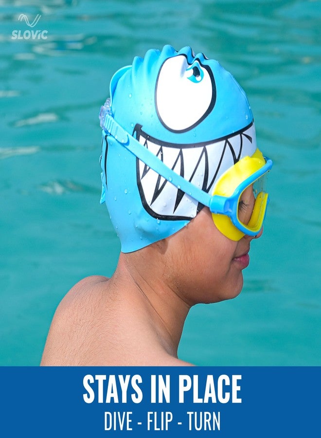 SLOVIC Swimming Cap for Kids [Shark] | Swimming Cap for Girls & Boys | Swimming Pool Caps for Kids | No Hair Pulling & Chlorine Resistant | Free Size Swimming Caps for Kids - Image 5