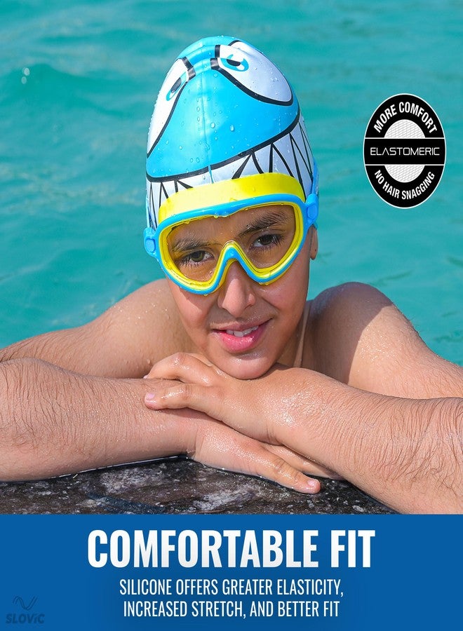 SLOVIC Swimming Cap for Kids [Shark] | Swimming Cap for Girls & Boys | Swimming Pool Caps for Kids | No Hair Pulling & Chlorine Resistant | Free Size Swimming Caps for Kids - Image 4