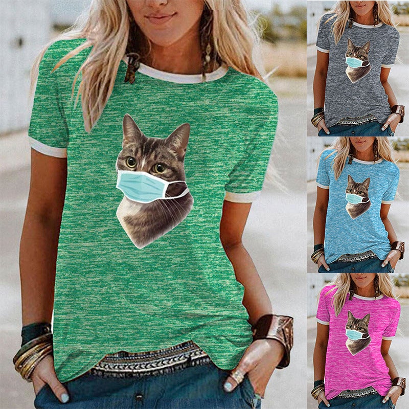 Wish Mask Cat Pattern Printed Short-Sleeved T-Shirt For Women - Image 2