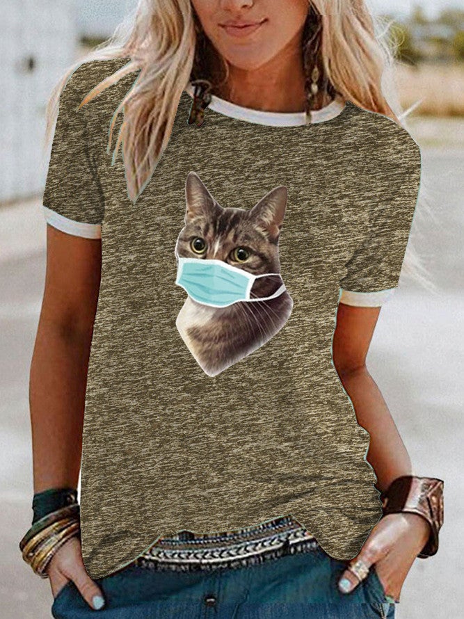 Wish Mask Cat Pattern Printed Short-Sleeved T-Shirt For Women - Image 3