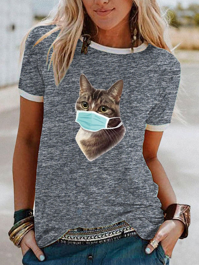 Wish Mask Cat Pattern Printed Short-Sleeved T-Shirt For Women - Image 5