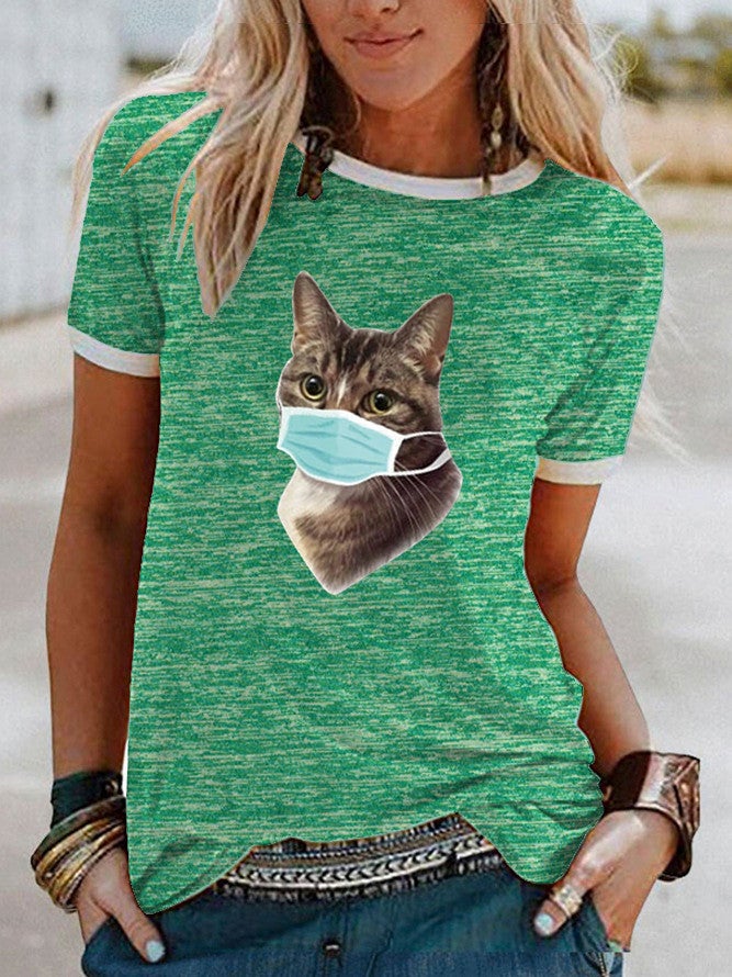 Wish Mask Cat Pattern Printed Short-Sleeved T-Shirt For Women - Image 1