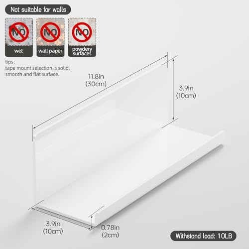PAVSTINE Acrylic Wall Floating Shelves Set of 2, Wall Shelves White 12 Inch Adhesive Wall Organizer Adhesive Shelf for Bathroom, Kitchen, Bedroom, Office, Gaming Room, No Damage, No Drill - Image 3