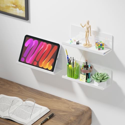 PAVSTINE Acrylic Wall Floating Shelves Set of 2, Wall Shelves White 12 Inch Adhesive Wall Organizer Adhesive Shelf for Bathroom, Kitchen, Bedroom, Office, Gaming Room, No Damage, No Drill - Image 4