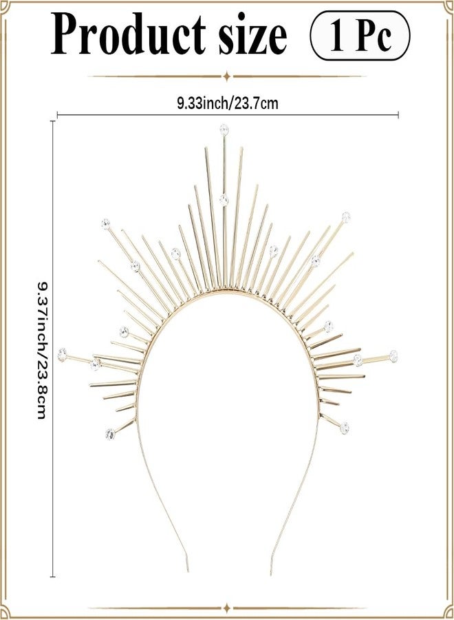 CABODYALS Gold Halo Crown Sunburst Spike Rhinestone Crystal Greek Godness Headband Vintage Renaissance Renfaire Headdress Mary Headpiece for Women Wedding Cosplay Pageant Festival Costmue Accessory - Image 2