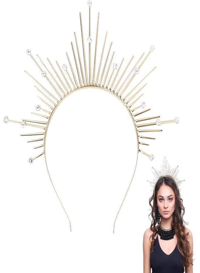 CABODYALS Gold Halo Crown Sunburst Spike Rhinestone Crystal Greek Godness Headband Vintage Renaissance Renfaire Headdress Mary Headpiece for Women Wedding Cosplay Pageant Festival Costmue Accessory - Image 1