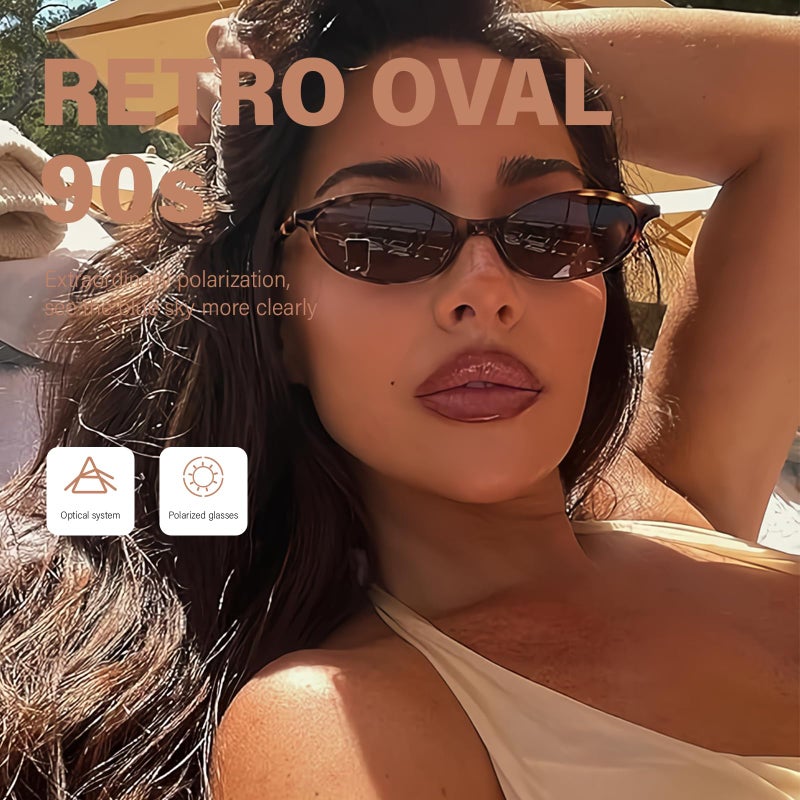 KUGUAOK Retro Oval Sunglasses for Women 90s Design Small Cat Eye Sun Glasses UV Protection Y2k Trendy Narrow Shades - Image 2