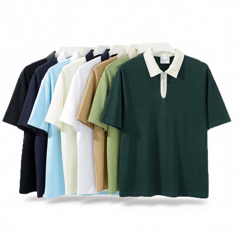 Men's Heavyweight 40s Semi-Zip Polo Shirt Short Sleeve Contrast Collar Embroidery Logo