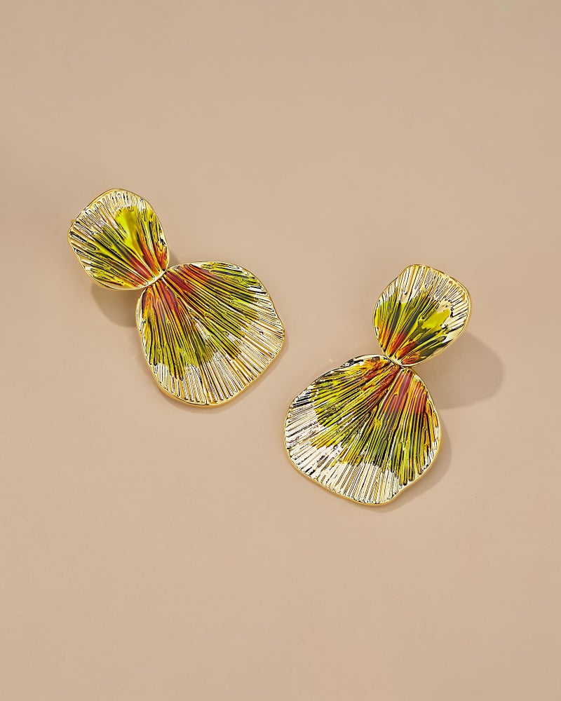 SNGIA Colorful 18K Gold Plated Boho Chunky Leaf Floral Geometric Textured Dangling Statement Earrings for Women by SNGIA, Large Orange Green Handmade Trendy Ribbed Fan Dangle Jewelry Gifts, Big Summer Round Oval Square African Beachy Vacation Flower Fashion Accessories, Vintage Thick Bohemian Nickle Free Huggie Earring. - Image 5