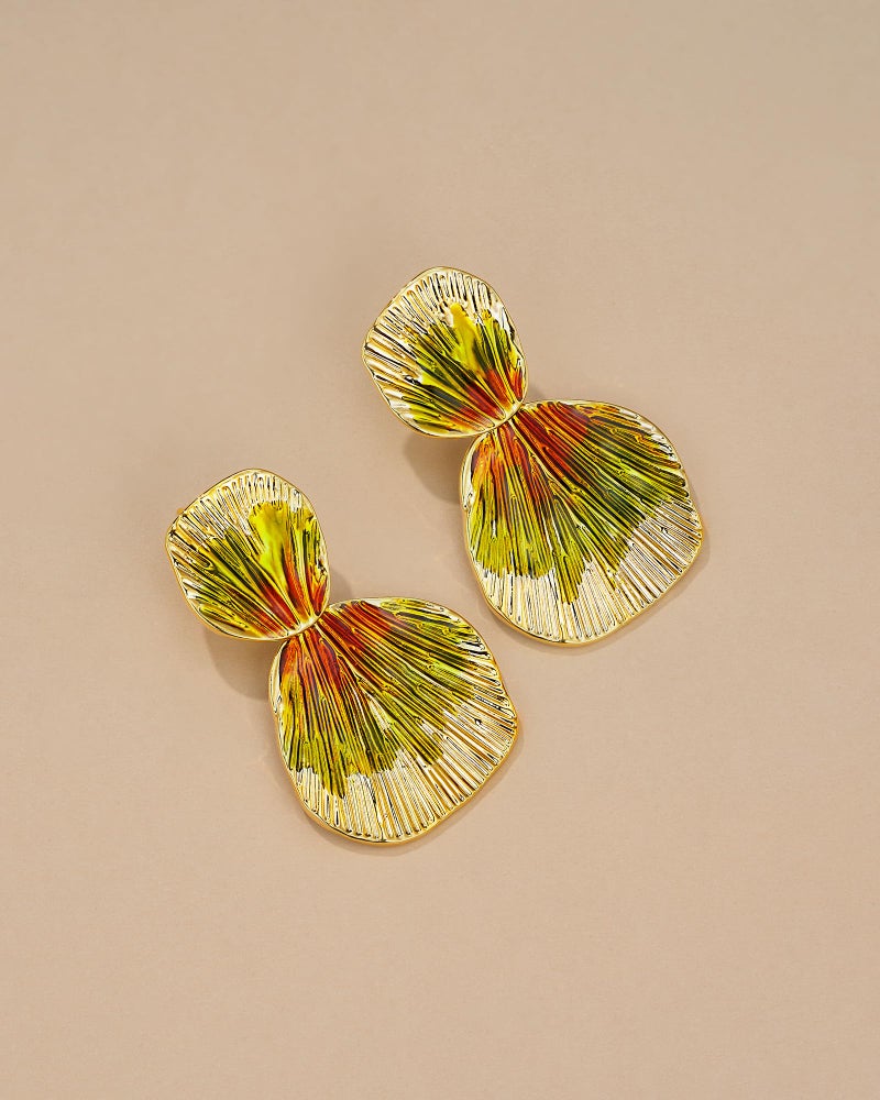 SNGIA Colorful 18K Gold Plated Boho Chunky Leaf Floral Geometric Textured Dangling Statement Earrings for Women by SNGIA, Large Orange Green Handmade Trendy Ribbed Fan Dangle Jewelry Gifts, Big Summer Round Oval Square African Beachy Vacation Flower Fashion Accessories, Vintage Thick Bohemian Nickle Free Huggie Earring. - Image 3