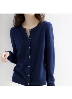 Spring Autumn Winter Knitted Cardigan Womens Round Neck Wool-Like Sweater Versatile Solid Color Cropped Loose-Fit Pullover Navy blue