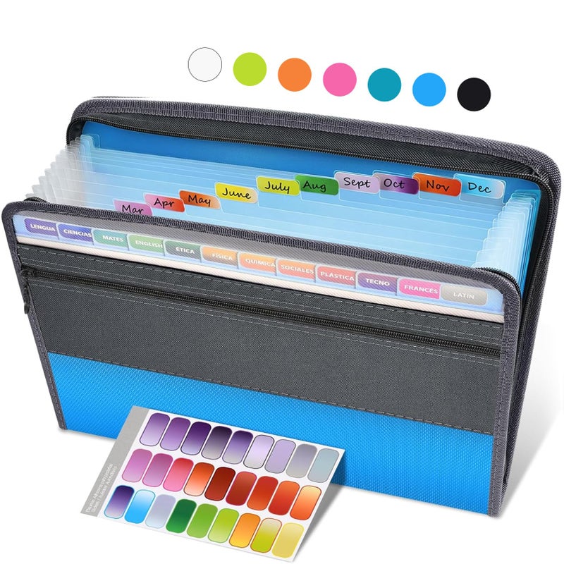 Sooez Accordion File Organizer with Safe Zipper 12 Pocket Expanding File Folder with Front Pencil Pouch Portable Monthly Paper Bill Tax Receipt Organizer School Office Supplies Letter Size Blue
