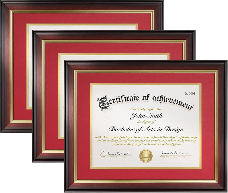 FrameMind 8.5x11 Diploma Frame with Red over Gold Acid-free Mat or Display 11x14 Document without Mat, Certificate Frame with Tempered Glass, Tabletop or Wall Mount (3 Pack, Mahogany/Red) - Image 1