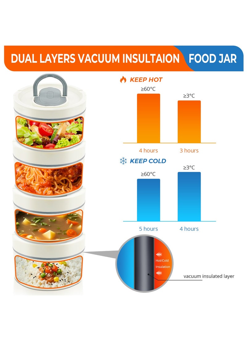 Adando - Adando Stainless Steel Lunch Box: 4 * 550ml Microwave-Safe Round Bento Box - 304 Stackable Insulated Leakproof, with Thermal Bag& Cutlery - for Adults Students Office School Picnic Camping (4 Pack) - Image 1