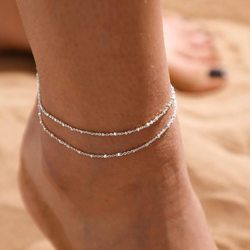 MIDEEO Gold/Silver Ankle Bracelets for Women,14K Gold Anklets Waterproof Cuban Link Heart Beads Herringbone Rhinestone Anklets Set Layered Anklet Bracelets for Women Gold Jewelry Gift - Image 4