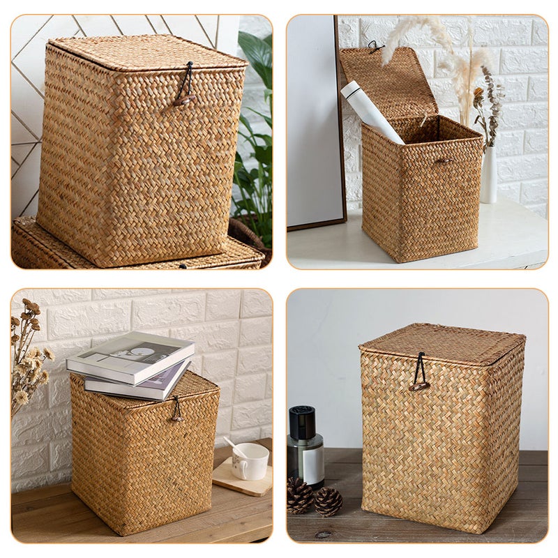 2pcs Lidded Storage Box Pastoral Style Storage Woven Basket Living Room Storage Container - Image 2