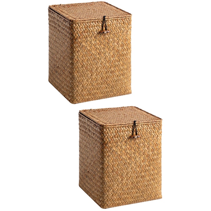 2pcs Lidded Storage Box Pastoral Style Storage Woven Basket Living Room Storage Container - Image 1