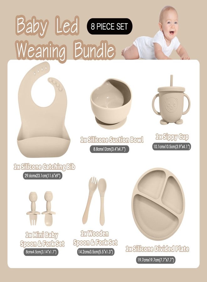 Catvegue Baby Led Weaning Supplies, 8 Piece BPA-Free Silicone Feeding Set, Silicone Suction Bowl, Forks & Spoons, Bib & Cup, Develops Self Feeding Skills, Dishwasher Safe, for 6+ Months (Beige) - Image 2