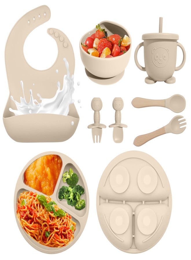 Catvegue Baby Led Weaning Supplies, 8 Piece BPA-Free Silicone Feeding Set, Silicone Suction Bowl, Forks & Spoons, Bib & Cup, Develops Self Feeding Skills, Dishwasher Safe, for 6+ Months (Beige) - Image 1
