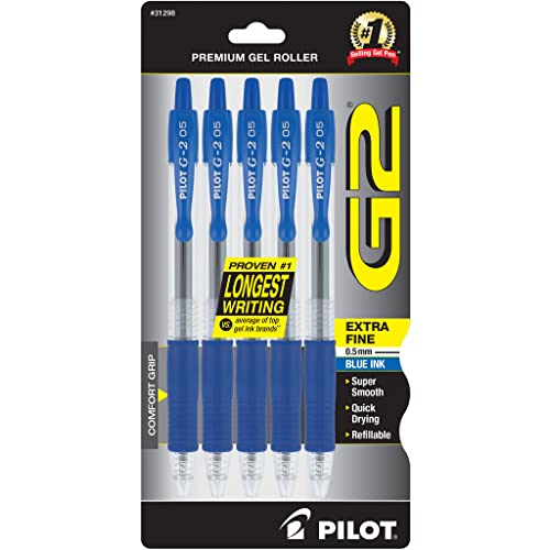 Pilot, G2 Premium Gel Roller Pens, Extra Fine Point 0.5 mm, Pack of 5, Blue - Image 1