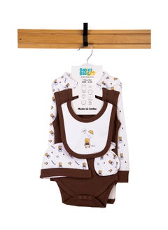 Babies Basic 7 Piece Unisex 100% Cotton Gift Set Include Bib, Blanket, Mitten, Cap, Romper, Top And Bottom Set, Brown  - Image 1
