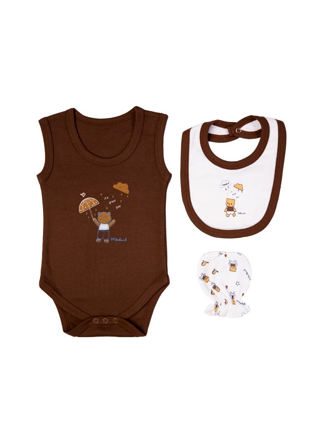 Babies Basic - 7 Piece Unisex 100% Cotton Gift Set Include Bib, Blanket, Mitten, Cap, Romper, Top And Bottom Set, Brown - Image 1