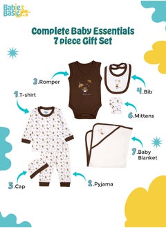 Babies Basic 7 Piece Unisex 100% Cotton Gift Set Include Bib, Blanket, Mitten, Cap, Romper, Top And Bottom Set, Brown  - Image 3