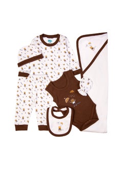 Babies Basic 7 Piece Unisex 100% Cotton Gift Set Include Bib, Blanket, Mitten, Cap, Romper, Top And Bottom Set, Brown  - Image 4