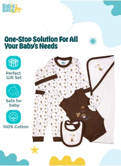 Babies Basic 7 Piece Unisex 100% Cotton Gift Set Include Bib, Blanket, Mitten, Cap, Romper, Top And Bottom Set, Brown  - Image 2