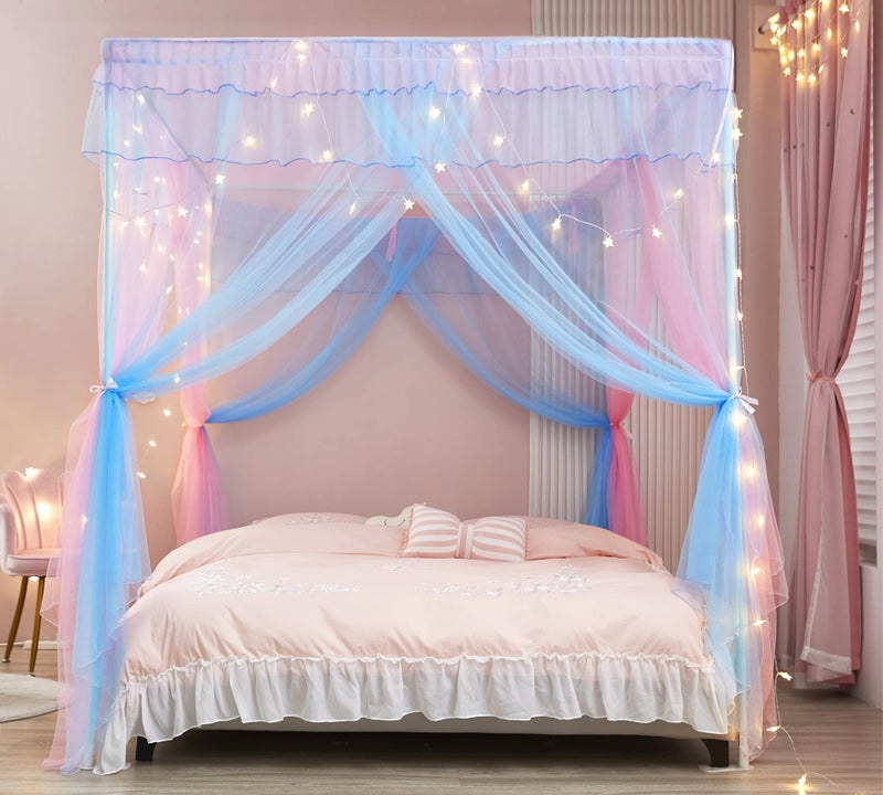 Mengersi Rainbow Canopy Bed Curtains with Lights - Princess Bed Canopy for Girls - Bed Drapes Netting- Bedroom Decoration Accessories,Full - Image 5