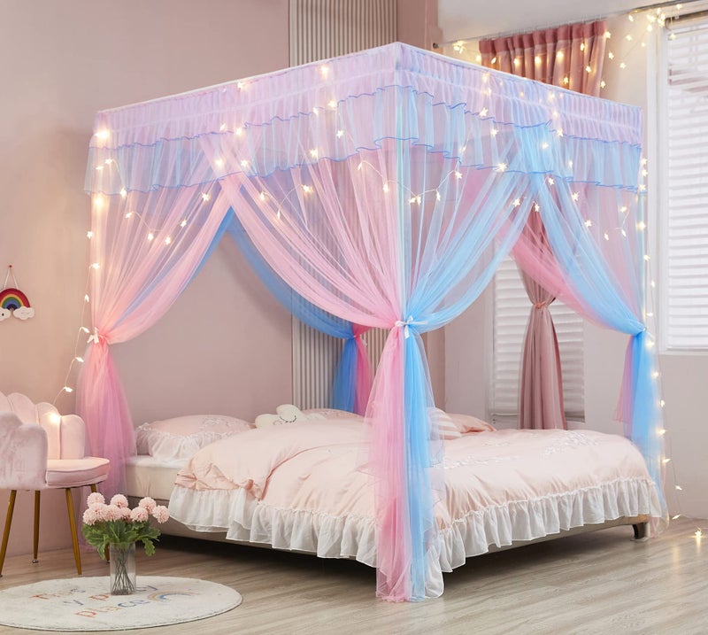 Mengersi Rainbow Canopy Bed Curtains with Lights - Princess Bed Canopy for Girls - Bed Drapes Netting- Bedroom Decoration Accessories,Full - Image 4