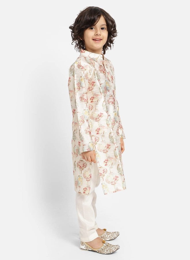 Piccolo, Silk Blend Floral Printed Kurta Pyjama Set, Ethnic Wear, Full Sleeves Kurta and Pyjama/Pajama, Traditional Dress for Boys Kids (Color - Cream) - Image 2