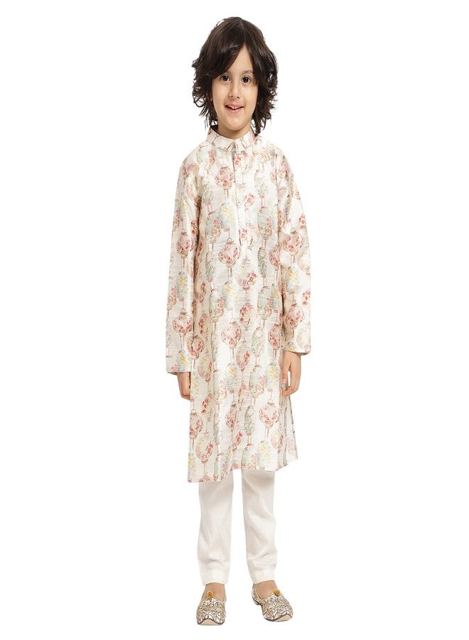 Piccolo, Silk Blend Floral Printed Kurta Pyjama Set, Ethnic Wear, Full Sleeves Kurta and Pyjama/Pajama, Traditional Dress for Boys Kids (Color - Cream) - Image 1