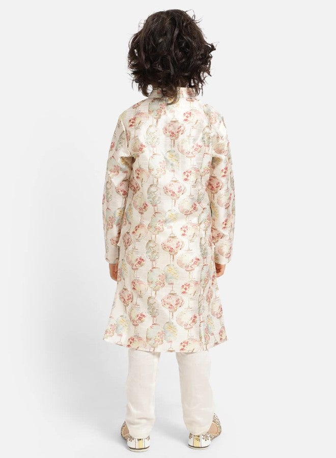 Piccolo, Silk Blend Floral Printed Kurta Pyjama Set, Ethnic Wear, Full Sleeves Kurta and Pyjama/Pajama, Traditional Dress for Boys Kids (Color - Cream) - Image 3