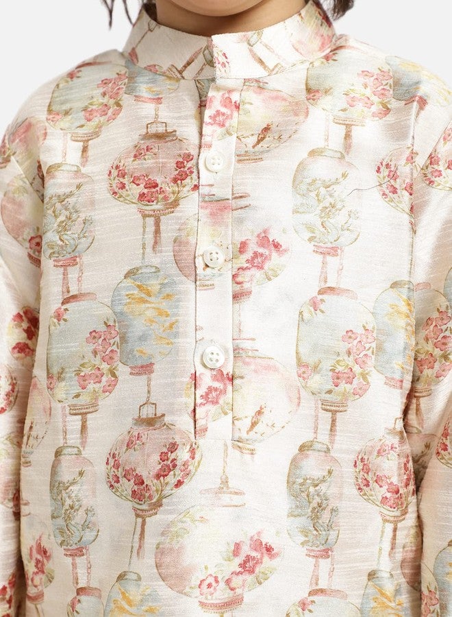 Piccolo, Silk Blend Floral Printed Kurta Pyjama Set, Ethnic Wear, Full Sleeves Kurta and Pyjama/Pajama, Traditional Dress for Boys Kids (Color - Cream) - Image 4