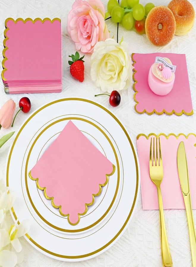 pyntop 100pack Pink Cocktail Napkins - 5 Inch Disposable Dinner Napkins with Gold Foiled Scalloped Edges, Elegant Paper Napkin Beverage Napkin for Wedding, Baby Shower, Bridal Shower, Holiday Party - Image 4