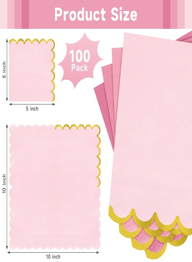pyntop 100pack Pink Cocktail Napkins - 5 Inch Disposable Dinner Napkins with Gold Foiled Scalloped Edges, Elegant Paper Napkin Beverage Napkin for Wedding, Baby Shower, Bridal Shower, Holiday Party - Image 2