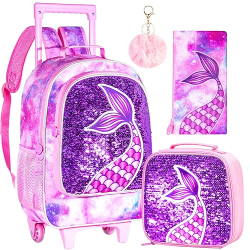 GXTVO Rolling Backpack for Girls, Roller Wheels Kids Bookbag - Wheeled Suitcase Elementary Sequin School Bag - 3PCS Mermaid - Image 1