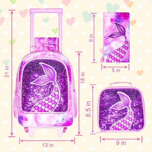 GXTVO Rolling Backpack for Girls, Roller Wheels Kids Bookbag - Wheeled Suitcase Elementary Sequin School Bag - 3PCS Mermaid - Image 4