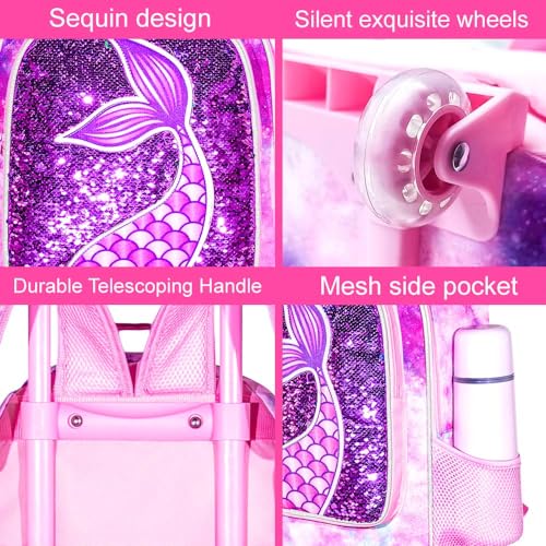 GXTVO Rolling Backpack for Girls, Roller Wheels Kids Bookbag - Wheeled Suitcase Elementary Sequin School Bag - 3PCS Mermaid - Image 5